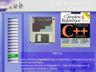 1993
1974
1971
1975
1984
1976
1977
1981
1985
1991
1949
1951
1957
1964
1969
1985
1985 d.C.
Aldus introduce PageMaker para la Macintosh y empieza la era de la
edición de escritorio.
Además ese año nace el lenguaje C++, líder de los lenguajes de
programación orientada a objetos.
Línea de Tiempo de la
Computación
Disco de Instalación
 