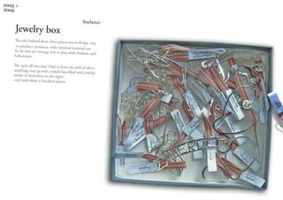 2005 >
2006

                                                   |freelance|
     Jewelry box
    The idea behind these silver pieces was
                                            to design easy
    -to-produce products, with minimal mat
                                               erial use.
    To do this my strategy was to play wit
                                           h shadows and
    hollowness.

    The spin-off was that I had to learn the
                                             skill of silver-
    smithing, end up with a whole box fille
                                            d with jewelry
    (some of them here to the right).
    -and sold about a hundred pieces.
 