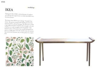 2006


                                                |workshop|
       IKEA
       During the fall of 2006 a selected gro
                                              up of students
       at LUID got the opportunity to work
                                               with IKEA on a
       furniture project.

    The theme from IKEA was to design
                                           ”Swedish” fur-
    niture. My process started with finding
                                             pictures that
    represented the cultural heritage. My
                                           idea was to make
    a side table/stool that would be slim eno
                                              ugh to fit into
    a hallway, yet wide enough to fit two
                                           people. I also
   wanted a piece of furniture that would
                                            look good not
   only as a single piece, but also would
                                          create an interest-
   ing connection between two or three
                                          pieces in a repeti-
   tion.
 