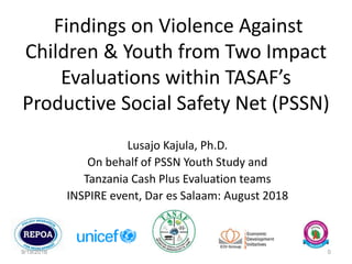 Findings on Violence Against
Children & Youth from Two Impact
Evaluations within TASAF’s
Productive Social Safety Net (PSSN)
Lusajo Kajula, Ph.D.
On behalf of PSSN Youth Study and
Tanzania Cash Plus Evaluation teams
INSPIRE event, Dar es Salaam: August 2018
9/19/2018 0
 