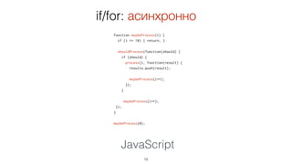 function maybeProcess(i) {
if (i >= 10) { return; }
shouldProcess(function(should) {
if (should) {
process(i, function(result) {
results.push(result);
maybeProcess(i++);
});
}
maybeProcess(i++);
});
}
maybeProcess(0);
15
JavaScript
if/for асинхронно
 