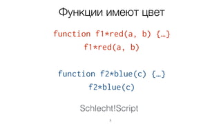 Schlecht!Script
function f1*red(a, b) {…}
f1*red(a, b)
function f2*blue(c) {…}
f2*blue(c)
3
Функции имеют цвет
 