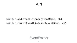 EventEmitter
emitter.addEventListener(eventName, cb);
emitter.removeEventListener(eventName, cb);
34
API
 