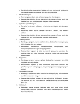 b. Mengkoordinasikan pelaksanaan kegiatan uji coba operasional, penyusunan
dokumentasi sistem, dan pelatihan bagi para calon pengguna.
3. Data Base Designer:
a. Merancang sistem basis data dari sistem yang akan dikembangkan.
b. Melaksanakan kegiatan uji coba operasional, penyusunan referensi teknis, dan
pelatihan bagi para calon pengguna, mengenai sistem basis data.
4. Application System Designer:
a. Mengukur kemampuan, kebiasaan, perilaku, dan animo para calon pengguna
sistem,
b. Merancang sistem aplikasi: tampilan antar-muka, perilaku, dan arsitektur
aplikasi.
c. Melaksanakan kegiatan uji coba operasional, penyusunan referensi teknis, dan
pelatihan bagi para calon pengguna, mengenai sistem aplikasi.
5. Chief Programmer:
a. Membangun program-program aplikasi utama, berdasarkan rancangan yang
telah ditetapkan oleh para designer.
b. Menugaskan, mengarahkan, mengkoordinasikan, mengendalikan, serta
mengawasi pelaksanaan tugas setiap programmer.
c. Melaksanakan kegiatan uji coba operasional, penyusunan panduan, dan
pelatihan bagi para calon pengguna, mengenai instalasi dan pemeliharaan
sistem aplikasi.
6. Programmer:
a. Membangun program-program aplikasi, berdasarkan rancangan yang telah
ditetapkan oleh para designer.
b. Melaksanakan kegiatan uji coba operasional, penyusunan panduan, dan
pelatihan bagi para calon pengguna, mengenai pengoperasian program-program
aplikasi.
7. Data Base Administrator:
a. Membangun sistem basis data, berdasarkan rancangan yang telah ditetapkan
oleh data base system designer
b. Melaksanakan kegiatan kegiatan uji coba operasional, penyusunan panduan,
dan pelatihan bagi para calon pengguna, mengenai instalasi dan pemeliharaan
basis data.
8. Ahli Statistik:
a. Melakukan analisa terhadap data-data yang ada untuk diolah dengan
menggunakan instrumen pemetaan buta aksara Penyelenggaraan Statistik
Pendidikan Nasional.
 