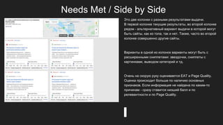Needs Met / Side by Side
Это две колонки с разными результатами выдачи.
В первой колонке текущие результаты, во второй колонке
рядом - альтернативный вариант выдачи в которой могут
быть сайты, как из топа, так и нет. Также, часто во второй
колонке совершенно другие сайты.
Варианты в одной из колонок варианты могут быть с
расширенными сниппетами: звездочки, сниппеты с
картинками, выводом категорий и тд.
Очень на скорую руку оценивается EAT и Page Quality.
Оценка происходит больше по наличию основных
признаков. Если информация не найдена по каким-то
причинам - сразу ставится низший балл и по
релевантности и по Page Quality.
 