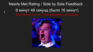 Needs Met Rating / Side by Side Feedback
8 минут 48 секунд (было 16 минут)
Если сайтов 10 то на 1 сайт выделяется 53 секунды
 