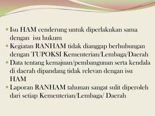  Isu HAM cenderung untuk diperlakukan sama
dengan isu hukum
 Kegiatan RANHAM tidak dianggap berhubungan
dengan TUPOKSI Kementerian/Lembaga/Daerah
 Data tentang kemajuan/pembangunan serta kendala
di daerah dipandang tidak relevan dengan isu
HAM
 Laporan RANHAM tahunan sangat sulit diperoleh
dari setiap Kementerian/Lembaga/ Daerah
 
