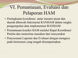 VI. Pemantauan, Evaluasi dan
Pelaporan HAM
• Peningkatan koordinasi antar instansi pusat dan
daerah dibawah Sekretariat RANHAM dalam rangka
pengumpulan data implementasi RANHAM
• Pemantauan kondisi HAM melalui Rapat Koordinasi
Panitia dan menerima masukan dari masyarakat
• Penyusunan Laporan dan Evaluasi dengan mengacu
pada Instrumen yang tengah disempurnakan
 