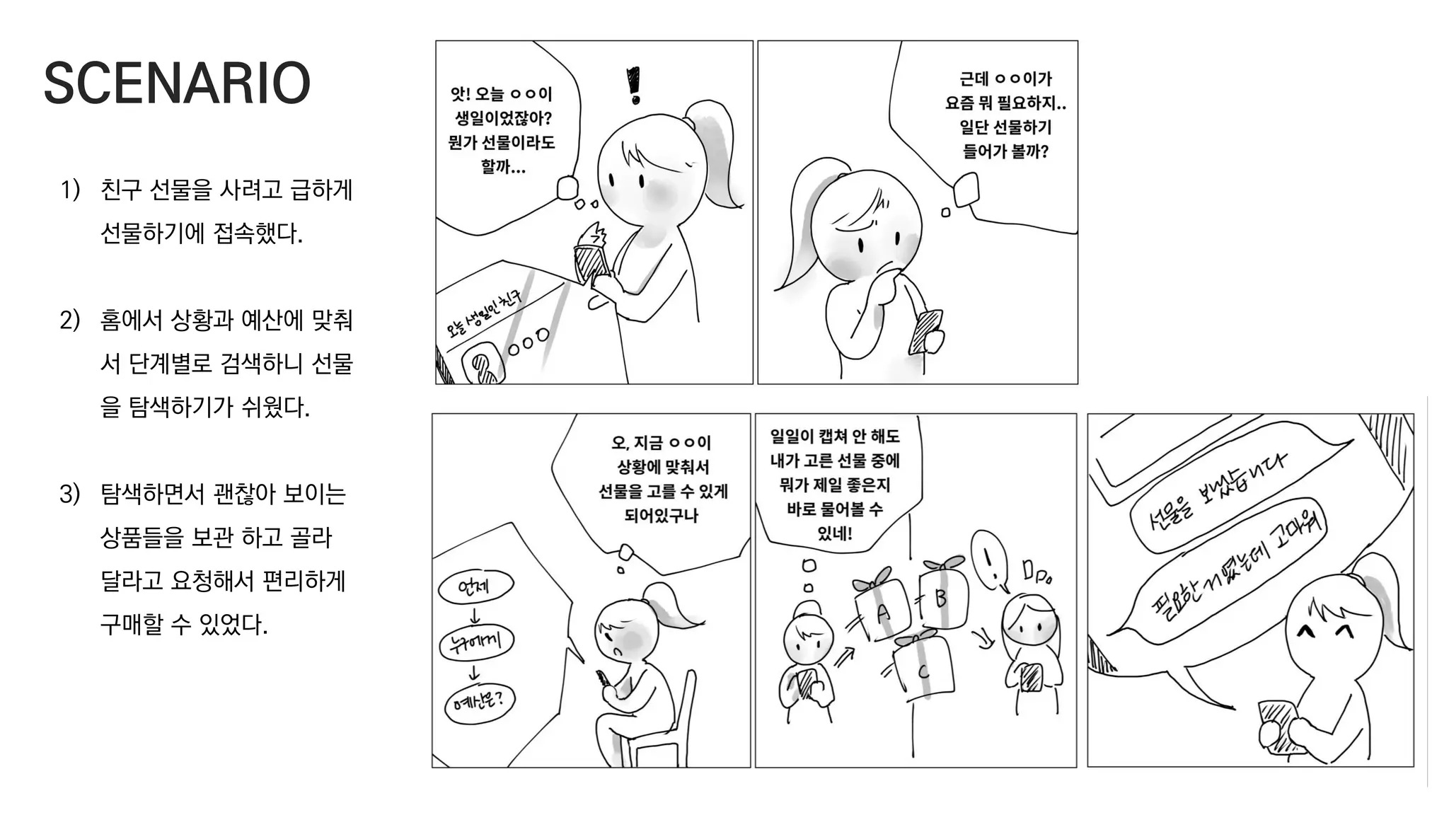 1) 친구 선물을 사려고 급하게
선물하기에 접속했다.
2) 홈에서 상황과 예산에 맞춰
서 단계별로 검색하니 선물
을 탐색하기가 쉬웠다.
3) 탐색하면서 괜찮아 보이는
상품들을 보관 하고 골라
달라고 요청해서 편리하게
구매할 수 있었다.
SCENARIO
 