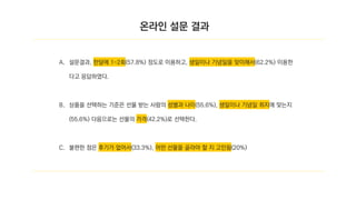 A. 설문결과, 한달에 1~2회(57.8%) 정도로 이용하고, 생일이나 기념일을 맞이해서(62.2%) 이용한
다고 응답하였다.
B. 상품을 선택하는 기준은 선물 받는 사람의 성별과 나이(55.6%), 생일이나 기념일 취지에 맞는지
(55.6%) 다음으로는 선물의 가격(42.2%)로 선택한다.
C. 불편한 점은 후기가 없어서(33.3%), 어떤 선물을 골라야 할 지 고민됨(20%)
온라인 설문 결과
 