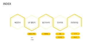 배경조사 UX 챌린지 필드리서치 인사이트 프로토타입
탐색
㈜활동
경험요소 파악 컨셉
Mid-fi시나리오
Lo-fi키파인딩
INDEX
 