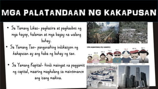 MGA PALATANDAAN NG KAKAPUSAN
• Sa Yamang Likas- pagkasira at pagkaubos ng
mga hayop, halaman at mga bagay na walang
buhay.
• Sa Yamang Tao- pangunahing indikasyon ng
kakapusan ay ang haba ng buhay ng tao.
• Sa Yamang Kapital- hindi maingat na paggamit
ng capital, maaring magkulang sa maintenance
ang isang makina.
 