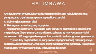 4
H A L I M B A W A
Angkaugnayanaytumutukoysakungnapagdidikitangkahuluganngmga
pangungusapopahayagsaparaangpasalitao pasulat.
A: Sobrangkalatnamandito!
B: Huhugasankonalangangmgaplato.
Mapapansinsasenaryonawalangpang-ugnaynagramatikaloleksikalang
mgapahayag.Gayunpaman,angpalitanngpahayagaymaykaugnayandahil
naunawaanni B angpagkadismayani A atmularitoaytumugonnangnararapat.
Tumutukoyangkaisahansakungpaanonapagdidikitangdalawang ideya
salingguwistikongparaan.Angisangtaongnagpapahayagnangmaykaisahanat
magkaugnayaymasasabingmaykakayahangdiskorsal
BORCELLEAPPAREL
 