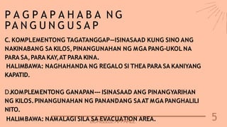 5
P A G P A P A H A B A N G
PA N G U N G U S A P
C. KOMPLEMENTONG TAGATANGGAP—ISINASAAD KUNG SINO ANG
NAKINABANG SA KILOS,PINANGUNAHAN NG MGA PANG-UKOL NA
PARA SA,PARA KAY,AT PARA KINA.
HALIMBAWA: NAGHAHANDA NG REGALO SI THEA PARA SA KANIYANG
KAPATID.
D.KOMPLEMENTONG GANAPAN--- ISINASAAD ANG PINANGYARIHAN
NG KILOS.PINANGUNAHAN NG PANANDANG SAAT MGA PANGHALILI
NITO.
HALIMBAWA: NAMALAGI SILAB
SO
A
RE
CE
V
L
A
LE
CA
UP
A
PT
AI
R
O
EL
N AREA.
 