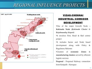 10
REGIONAL INFLUENCE PROJECTSREGIONAL INFLUENCE PROJECTS
VIZAG-CHENNAI
INDUSTRIAL CORRIDOR
DEVELOPMENT
•One of the major Growth Node –
Kakinada Node (Kakinada Cluster &
Rajahmundry Airport)
•It involves Port, Road & Rail centric
project
•It includes Sector and Node based
development along with Policy &
Regulatory Reforms
•Creation of economic Zones &
manufacturing clusters served by efficient
logistic services
Proposal : Proposed Railway connection
from Kotipalli - Narsapur
 