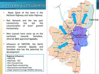 CITY FORM & CITY GROWTHCITY FORM & CITY GROWTH
• Major Spine of the town is the
National Highway and state Highway
• Rail Network and the sea port
connectivity has led the
concentration of town’ growth
horizontally.
• New Layouts have come up on the
northeast towards Samalkot.
(Overall 663 approved layouts)
• Influence of VKPCPIR, the North
direction towards Uppada and
Samalkot also has the potential for
development
VKPCPIR
Regional Influence:
•VKPCPIR
•Kakinada – SEZ
•Port Connectivity
•Good Road connectivity
•Educational and Health hub
•Hope island & Coringa Wildlife Sanctury
 