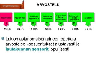 ARVOSTELU
Lukion asianomaisen aineen opettaja
arvostelee koesuoritukset alustavasti ja
lautakunnan sensorit lopullisesti
Improbatur
I
0 pist.
Approbatur
A
2 pist.
Lubenter
approbatur
B
3 pist.
Cum laude
approbatur
C
4 pist.
Magna cum
laude
approbatur
M
5 pist.
Eximia cum
laude
approbatur
E
6 pist.
Laudatur
L
7 pist.
 