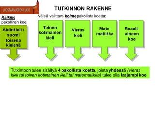Kaikille
pakollinen koe:
Näistä valittava kolme pakollista koetta:
Toinen
kotimainen
kieli
Mate-
matiikka
Reaali-
aineen
koe
Tutkintoon tulee sisältyä 4 pakollista koetta, joista yhdessä (vieras
kieli tai toinen kotimainen kieli tai matematiikka) tulee olla laajempi koe
TUTKINNON RAKENNE
Vieras
kieli
Äidinkieli /
suomi
toisena
kielenä
 