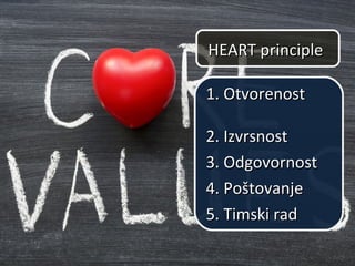HEART principleHEART principle
1. Otvorenost1. Otvorenost
2. Izvrsnost2. Izvrsnost
3. Odgovornost3. Odgovornost
4. Poštova...