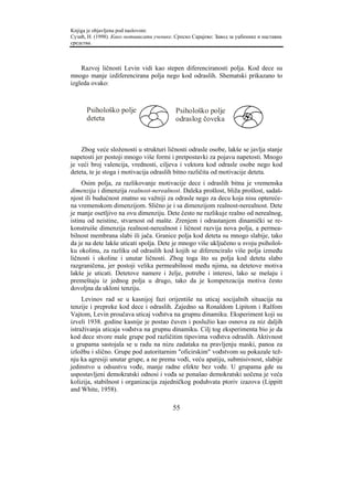 Knjiga je objavljena pod naslovom:
Сузић, Н. (1998). Како мотивисати ученике. Српско Сарајево: Завод за уџбенике и наставна
средства.



    Razvoj ličnosti Levin vidi kao stepen diferenciranosti polja. Kod dece su
mnogo manje izdiferencirana polja nego kod odraslih. Shematski prikazano to
izgleda ovako:



      Psihološko polje                     Psihološko polje
      deteta                               odraslog čoveka



    Zbog veće složenosti u strukturi ličnosti odrasle osobe, lakše se javlja stanje
napetosti jer postoji mnogo više formi i pretpostavki za pojavu napetosti. Mnogo
je veći broj valencija, vrednosti, ciljeva i vektora kod odrasle osobe nego kod
deteta, te je stoga i motivacija odraslih bitno različita od motivacije deteta.
     Osim polja, za razlikovanje motivacije dece i odraslih bitna je vremenska
dimenzija i dimenzija realnost-nerealnost. Daleka prošlost, bliža prošlost, sadaš-
njost ili budućnost znatno su važniji za odrasle nego za decu koja nisu optereće-
na vremenskom dimenzijom. Slično je i sa dimenzijom realnost-nerealnost. Dete
je manje osetljivo na ovu dimenziju. Dete često ne razlikuje realno od nerealnog,
istinu od neistine, stvarnost od mašte. Zrenjem i odrastanjem dinamički se re-
konstruiše dimenzija realnost-nerealnost i ličnost razvija nova polja, a permea-
bilnost membrana slabi ili jača. Granice polja kod deteta su mnogo slabije, tako
da je na dete lakše uticati spolja. Dete je mnogo više uključeno u svoju psihološ-
ku okolinu, za razliku od odraslih kod kojih se diferenciralo više polja između
ličnosti i okoline i unutar ličnosti. Zbog toga što su polja kod deteta slabo
razgraničena, jer postoji velika permeabilnost među njima, na detetove motiva
lakše je uticati. Detetove namere i želje, potrebe i interesi, lako se mešaju i
premeštaju iz jednog polja u drugo, tako da je kompenzacija motiva često
dovoljna da ukloni tenziju.
     Levinov rad se u kasnijoj fazi orijentiše na uticaj socijalnih situacija na
tenzije i prepreke kod dece i odraslih. Zajedno sa Ronaldom Lipitom i Ralfom
Vajtom, Levin proučava uticaj vođstva na grupnu dinamiku. Eksperiment koji su
izveli 1938. godine kasnije je postao čuven i poslužio kao osnova za niz daljih
istraživanja uticaja vođstva na grupnu dinamiku. Cilj tog eksperimenta bio je da
kod dece stvore male grupe pod različitim tipovima vođstva odraslih. Aktivnost
u grupama sastojala se u radu na nizu zadataka na pravljenju maski, panoa za
izložbu i slično. Grupe pod autoritarnim "oficirskim" vođstvom su pokazale tež-
nju ka agresiji unutar grupe, a ne prema vođi, veću apatiju, submisivnost, slabije
jedinstvo u odsustvu vođe, manje radne efekte bez vođe. U grupama gde su
uspostavljeni demokratski odnosi i vođa se ponašao demokratski uočena je veća
kolizija, stabilnost i organizacija zajedničkog poduhvata ptoriv izazova (Lippitt
and White, 1958).

                                          55
 