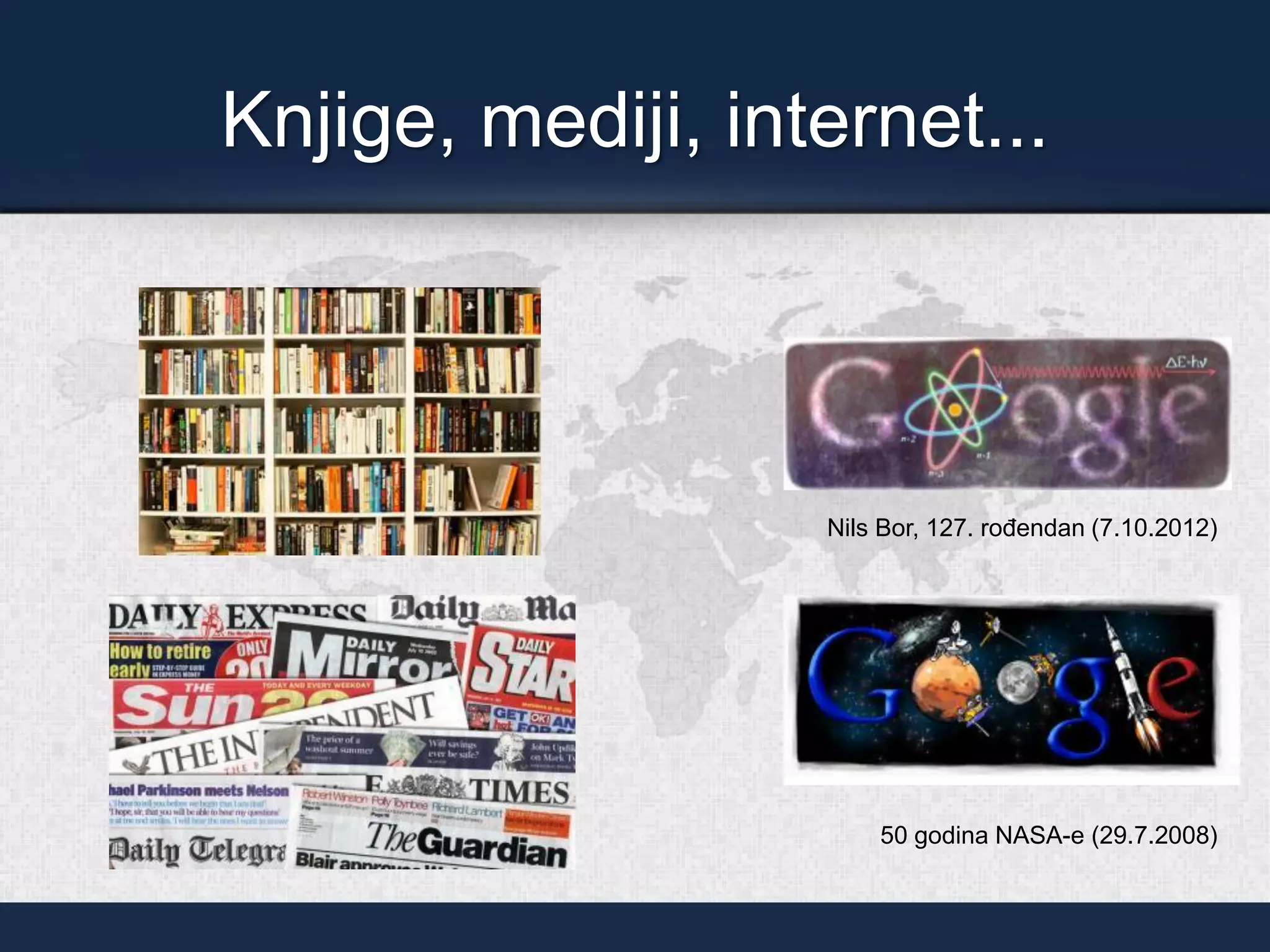 Knjige, mediji, internet...
Nils Bor, 127. rođendan (7.10.2012)
50 godina NASA-e (29.7.2008)
 
