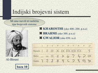 Indijski brojevni sistem
KHAROSTHI (oko 400.-200. p.n.e)
BRAHMI (oko 300. p.n.e)
GWALIOR (oko 850. n.e)
Mi smo razvili tri različita
tipa brojevnih sistema:
Al-Biruni
baza 10
 