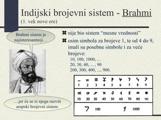 Indijski brojevni sistem - Brahmi
(1. vek nove ere)
nije bio sistem “mesne vrednosti”
osim simbola za brojeve 1, te od 4 do 9,
imali su posebne simbole i za veće
brojeve:
10, 100, 1000, ...
20, 30, 40, ... , 90
200, 300, 400, ..., 900.
Brahmi sistem je
najinteresantniji…
…jer će se iz njega razviti
arapski brojevni sistem.
 
