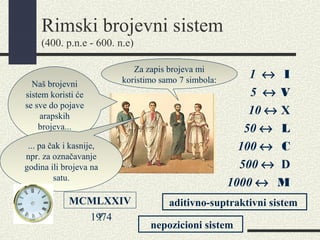 Rimski brojevni sistem
(400. p.n.e - 600. n.e)
1 ↔ I
5 ↔ V
10 ↔ X
50 ↔ L
100 ↔ C
500 ↔ D
1000 ↔ M
nepozicioni sistem
Za zapis brojeva mi
koristimo samo 7 simbola:Naš brojevni
sistem koristi će
se sve do pojave
arapskih
brojeva...
... pa čak i kasnije,
npr. za označavanje
godina ili brojeva na
satu.
MCMLXXIV
1974
aditivno-suptraktivni sistem
?
 
