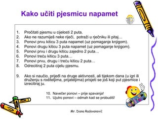 Kako učiti pjesmicu napamet

1.   Pročitati pjesmu u cijelosti 2 puta.
2.   Ako ne razumiješ neke riječi, potraži u rječniku ili pitaj…
3.   Ponovi prvu kiticu 3 puta napamet (uz pomaganje knjigom).
4.   Ponovi drugu kiticu 3 puta napamet (uz pomaganje knjigom).
5.   Ponovi prvu i drugu kiticu zajedno 2 puta…
6.   Ponovi treću kiticu 3 puta…
7.   Ponovi prvu, drugu i treću kiticu 2 puta…
8.   Odrecitiraj 2 puta cijelu pjesmu.

9.   Ako si naučio, prijeđi na druge aktivnosti, ali tijekom dana (u igri ili
     druženju s roditeljima, prijateljima) prisjeti se još koji put pjesmice i
     izrecitiraj ju.

                  10. Navečer ponovi – prije spavanja!
                  11. Ujutro ponovi – odmah kad se probudiš!


                                  Mr. Diana Radovanović
 