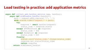 Load testing in practice: add application metrics
38
async def collect_web_handler_metrics (app, handler):
async def middleware_handler (handler):
path = request.path.replace( '/', '.')
with statsd.timer('request.' + path):
try:
response = await handler(request)
status_code = response.status
except HTTPNotFound as response:
status_code = 404
except Exception as response:
status_code = 503
finally:
statsd.incr('status_code.' .format(status_code)
response.set_status(status_code)
return response
return middleware_handler
 