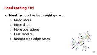 Load testing 101
● Identify how the load might grow up
○ More users
○ More data
○ More operations
○ Less servers
○ Unexpec...
