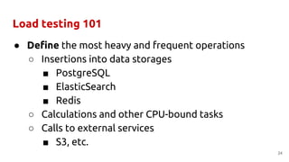 Load testing 101
● Define the most heavy and frequent operations
○ Insertions into data storages
■ PostgreSQL
■ ElasticSea...