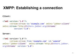 XMPP: Establishing a connection
12
Client:
<?xml version='1.0'?>
<stream:stream to='example.com' xmlns='jabber:client'
xml...