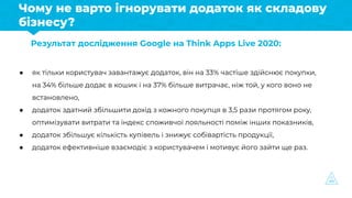 Чому не варто ігнорувати додаток як складову
бізнесу?
Результат дослідження Google на Think Apps Live 2020:
● як тільки ко...