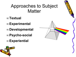 Approaches to Subject
Matter
Textual
Experimental
Developmental
Psycho-social
Experiential
 
