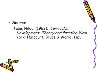 • Source:
Taba, Hilda. (1962). Curriculum
Development Theory and Practice. New
York: Harcourt, Bruce & World, Inc.
 