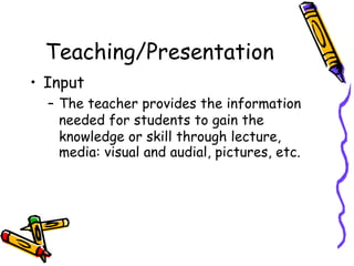 Teaching/Presentation
• Input
– The teacher provides the information
needed for students to gain the
knowledge or skill through lecture,
media: visual and audial, pictures, etc.
 
