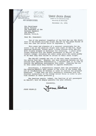 Senator Jesse Helms Letter To Russia About KAL 007