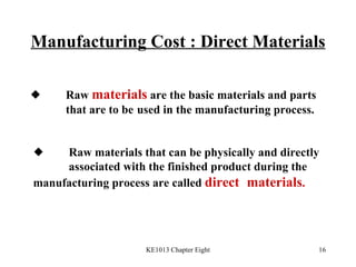 Manufacturing Cost : Direct Materials  Raw  materials   are the basic materials and parts  that are to be used in the manufacturing process.  Raw materials that can be physically and directly  associated with the finished product during the  manufacturing process are called  direct  materials . 