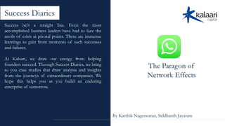 The Paragon of
Network Effects
By Karthik Nageswaran, Siddhanth Jayaram
Success Diaries
Success isn’t a straight line. Even the most
accomplished business leaders have had to face the
anvils of crisis at pivotal points. There are immense
learnings to gain from moments of such successes
and failures.
At Kalaari, we draw our energy from helping
founders succeed. Through Success Diaries, we bring
to you case studies that draw analysis and insights
from the journeys of extraordinary companies. We
hope this helps you as you build an enduring
enterprise of tomorrow.
 