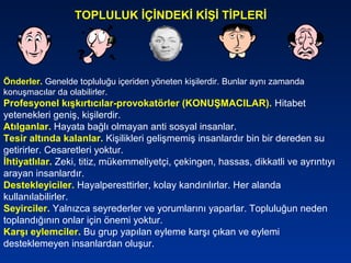 TOPLULUK İÇİNDEKİ KİŞİ TİPLERİ
Önderler. Genelde topluluğu içeriden yöneten kişilerdir. Bunlar aynı zamanda
konuşmacılar da olabilirler.
Profesyonel kışkırtıcılar-provokatörler (KONUŞMACILAR). Hitabet
yetenekleri geniş, kişilerdir.
Atılganlar. Hayata bağlı olmayan anti sosyal insanlar.
Tesir altında kalanlar. Kişilikleri gelişmemiş insanlardır bin bir dereden su
getirirler. Cesaretleri yoktur.
İhtiyatlılar. Zeki, titiz, mükemmeliyetçi, çekingen, hassas, dikkatli ve ayrıntıyı
arayan insanlardır.
Destekleyiciler. Hayalperesttirler, kolay kandırılırlar. Her alanda
kullanılabilirler.
Seyirciler. Yalnızca seyrederler ve yorumlarını yaparlar. Topluluğun neden
toplandığının onlar için önemi yoktur.
Karşı eylemciler. Bu grup yapılan eyleme karşı çıkan ve eylemi
desteklemeyen insanlardan oluşur.
 