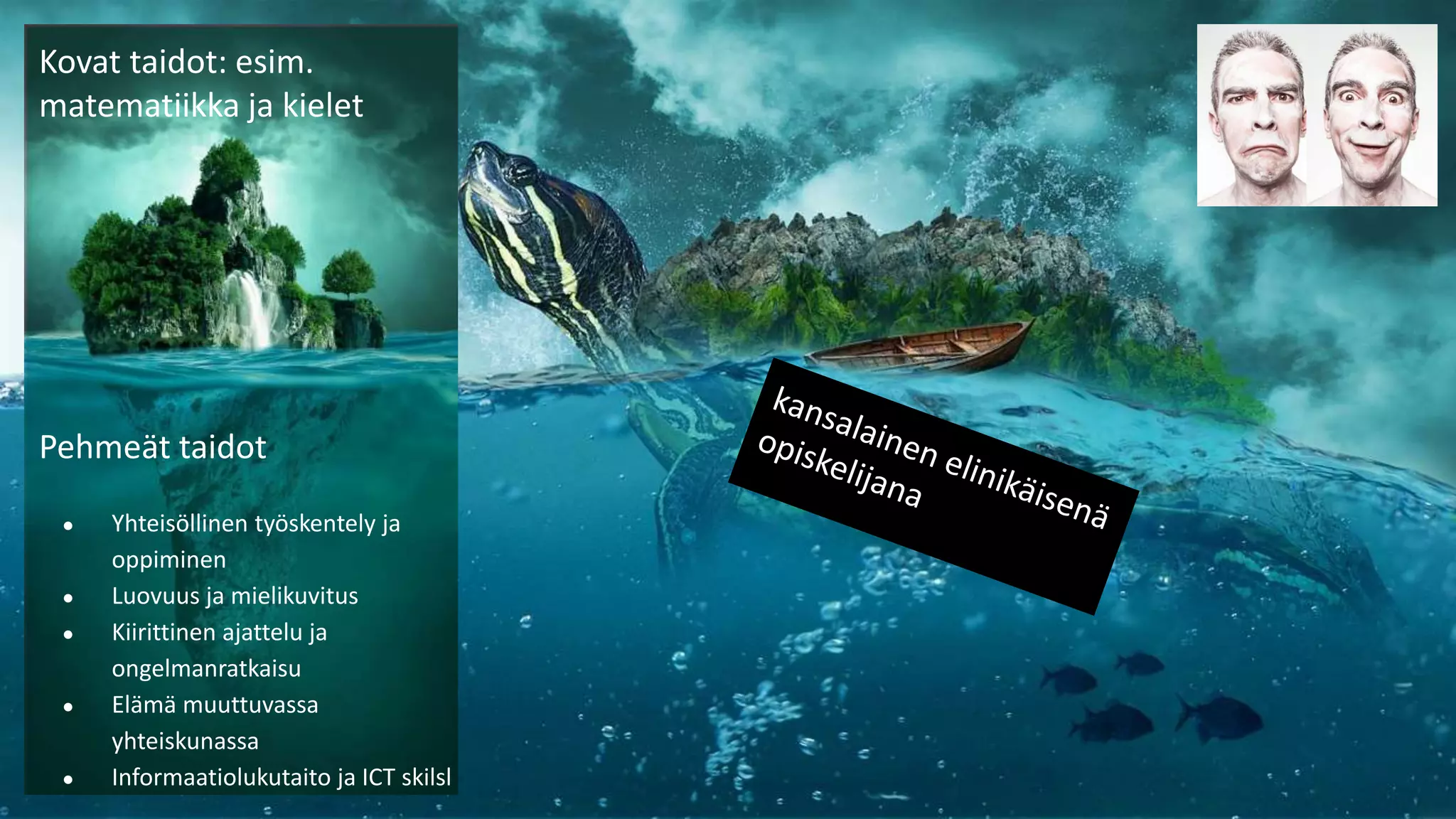 Kovat taidot: esim.
matematiikka ja kielet
Pehmeät taidot
● Yhteisöllinen työskentely ja
oppiminen
● Luovuus ja mielikuvitus
● Kiirittinen ajattelu ja
ongelmanratkaisu
● Elämä muuttuvassa
yhteiskunassa
● Informaatiolukutaito ja ICT skilsl
 
