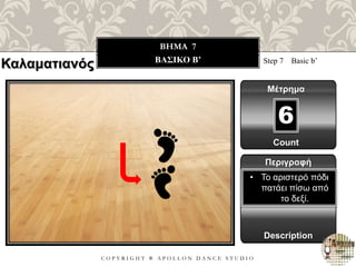 C O P Y R I G H T ® A P O L L O N D A N C E S T U D I O
BHMA 7
ΒΑΣΙΚΟ B’ Step 7 Basic b’
Μέτρημα
6
Περιγραφή
Description
• Το αριστερό πόδι
πατάει πίσω από
το δεξί.
Count
Καλαματιανός
 