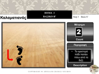 C O P Y R I G H T ® A P O L L O N D A N C E S T U D I O
BHMA 3
ΒΑΣΙΚΟ B’ Step 3 Basic b’
Μέτρημα
Περιγραφή
Description
• Το αριστερό
πόδι πατάει
πίσω από το
δεξί.
Count
2
Καλαματιανός
 