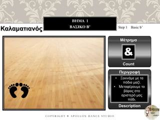 C O P Y R I G H T ® A P O L L O N D A N C E S T U D I O
BHMA 1
ΒΑΣΙΚΟ B’ Step 1 Basic b’
Μέτρημα
Count
&
Περιγραφή
Description
• Ξεκινάμε με τα
πόδια μαζί.
• Μεταφέρουμε το
βάρος στο
αριστερό μας
πόδι.
Καλαματιανός
 