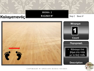 C O P Y R I G H T ® A P O L L O N D A N C E S T U D I O
BHMA 2
ΒΑΣΙΚΟ B’ Step 2 Basic b’
Μέτρημα
1
Περιγραφή
Description
• Κάνουμε ένα
βήμα στο πλάι
με το δεξί πόδι.
Count
Καλαματιανός
 