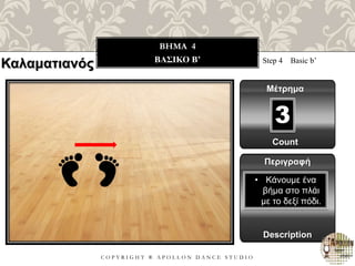 C O P Y R I G H T ® A P O L L O N D A N C E S T U D I O
BHMA 4
ΒΑΣΙΚΟ B’ Step 4 Basic b’
Μέτρημα
Περιγραφή
Description
• Κάνουμε ένα
βήμα στο πλάι
με το δεξί πόδι.
Count
3
Καλαματιανός
 