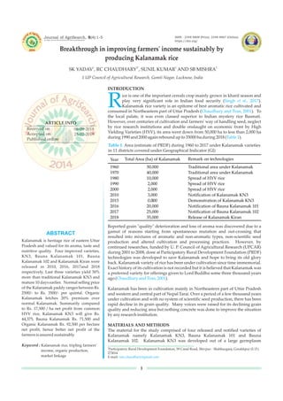 Journal of AgriSearch, 5(4):1-5
1 2* 2 2
SK YADAV , RC CHAUDHARY , SUNIL KUMAR AND SB MISHRA
ISSN : 2348-8808 (Print), 2348-8867 (Online)
https://doi.org/
1 UP Council of Agricultural Research, Gomti Nagar, Lucknow, India
An Open Access International Peer Reviewed Quarterly
Breakthrough in improving farmers' income sustainably by
producing Kalanamak rice
Rice is one of the important cereals crop mainly grown in kharif season and
play very significant role in Indian food security ( ).
Kalanamak rice variety is an epitome of best aromatic rice cultivated and
consumed in Northeastern part of Uttar Pradesh ( ). To
the local palate, it was even classed superior to Indian mystery rice Basmati.
However, over centuries of cultivation and farmers' way of handling seed, neglect
by rice research institutions and double onslaught on economic front by High
Yielding Varieties (HYV), its area went down from 50,000 ha to less than 2,000 ha
during1990and2000 again reboundupto 35000ha during2018 ( ).
Singh et al., 2017
Chaudhary and Tran, 2001
Table 1
ARTICLE INFO
Received on
Accepted on
Published online
06-09-2018
25-02-2019
:
:
:
Kalanamak is heritage rice of eastern Uttar
Pradesh and valued for its aroma, taste and
nutritive quality. Four improved varieties,
KN3, Bauna Kalanamak 101, Bauna
Kalanamak 102 and Kalanamak Kiran were
released in 2010, 2016, 2017and 2018
respectively. Last three varieties yield 50%
more than traditional Kalanamak KN3 and
mature 10 days earlier. Normal selling price
of the Kalanamak paddy ranges between Rs.
2500/- to Rs. 3500/- per quintal. Organic
Kalanamak fetches 20% premium over
normal Kalanamak. Summarily compared
to Rs. 17,500 / ha net profit from common
HYV rice, Kalanamak KN3 will give Rs.
44,375, Bauna Kalanamak Rs. 71,500 and
Organic Kalanamak Rs. 92,500 per hectare
net profit, hence better net profit of the
farmersisassuredsustainably.
Kalanamak rice, tripling farmers'
income, organic production,
market linkage
Keyword : 2
Participatory Rural Development Foundation, 59 Canal Road, Shivpur - Shahbazganj, Gorakhpur (U.P.)
273014
E-mail: ram.chaudhary@gmail.com
ABSTRACT
INTRODUCTION
1
Reported grain "quality" deterioration and loss of aroma was discovered due to a
gamut of reasons starting from spontaneous mutation and out-crossing that
resulted into mixtures of aromatic and non-aromatic types, non-scientific seed
production and altered cultivation and processing practices. However, by
continued researches, funded by U. P. Council of Agricultural Research (UPCAR)
during 2001 to 2008, done at Participatory Rural Development Foundation (PRDF)
technologies was developed to save Kalanamak and hope to bring its old glory
back. Kalanamak variety of rice has been under cultivation since time immemorial.
Exact history of its cultivation is not recorded but it is believed that Kalanamak was
a preferred variety for offerings given to Lord Buddha some three thousand years
ago ( ).
Kalanamak has been in cultivation mainly in Northeastern part of Uttar Pradesh
and western and central part of Nepal Tarai. Over a period of a few thousand years
under cultivation and with no system of scientific seed production, there has been
rapid decline in its grain quality. Many voices were raised for its declining grain
quality and reducing area but nothing concrete was done to improve the situation
by any researchinstitution.
MATERIALS AND METHODS
The material for the study comprised of four released and notified varieties of
Kalanamak namely Kalanamak KN3, Bauna Kalanamak 101 and Bauna
Kalanamak 102. Kalanamak KN3 was developed out of a large germplasm
Chaudhary andTran, 2001
Table 1: Area (estimate of PRDF) during 1960 to 2017 under Kalanamak varieties
in 11 districts covered under Geographical Indicator (GI)
Year Total Area (ha) of Kalanamak
1960 50,000
1970 40,000
1980 10,000
1990 2,000
2000 2,000
2010 3,000
2015 10,000
2016 20,000
2017 25,000
2018 35,000
Remark on technologies
Traditional area under Kalanamak
Traditional area under Kalanamak
Spread of HYV rice
Spread of HYV rice
Spread of HYV rice
Notification of Kalanamak KN3
Demonstration of Kalanamak KN3
Notification of Bauna Kalanamak 101
Notification of Bauna Kalanamak 102
Release of Kalanamak Kiran
 