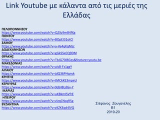 ΠΕΛΟΠΟΝΝΗΣΟΥ
https://www.youtube.com/watch?v=Q2Xz9mB4fXg
ΠΟΝΤΟΥ
https://www.youtube.com/watch?v=BOpEI31otCI
ΣΑΜΟΥ
https://www.youtube.com/watch?v=a-Ve4qKqMzc
ΔΩΔΕΚΑΝΗΣΩΝ
https://www.youtube.com/watch?v=gGkS5xCQ9DM
ΘΡΑΚΗΣ
https://www.youtube.com/watch?v=TbJG70iBGqs&feature=youtu.be
ΜΑΚΕΔΟΝΙΑΣ
https://www.youtube.com/watch?v=aIsB-Fz1ggY
ΑΙΓΑΙΟΥ
https://www.youtube.com/watch?v=jdQ36PHqnvk
ΚΡΗΤΗΣ
https://www.youtube.com/watch?v=tMCkKE3mpeU
ΚΕΡΚΥΡΑΣ
https://www.youtube.com/watch?v=9djH8LdGv-Y
ΙΚΑΡΙΑΣ
https://www.youtube.com/watch?v=uKBkmISVfrE
ΗΠΕΙΡΟΥ
https://www.youtube.com/watch?v=vlzqCNsqR5g
ΒΥΖΑΝΤΙΝΑ
https://www.youtube.com/watch?v=zKZKEqd4lVQ
Link Youtube με κάλαντα από τις μεριές της
Ελλάδας
Στέφανος Ζουγανέλης
Β1
2019-20
 