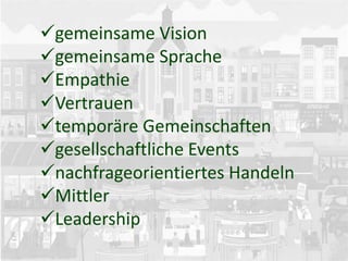 gemeinsame Vision
gemeinsame Sprache
Empathie
Vertrauen
temporäre Gemeinschaften
gesellschaftliche Events
nachfrageorientiertes Handeln
Mittler
Leadership
 